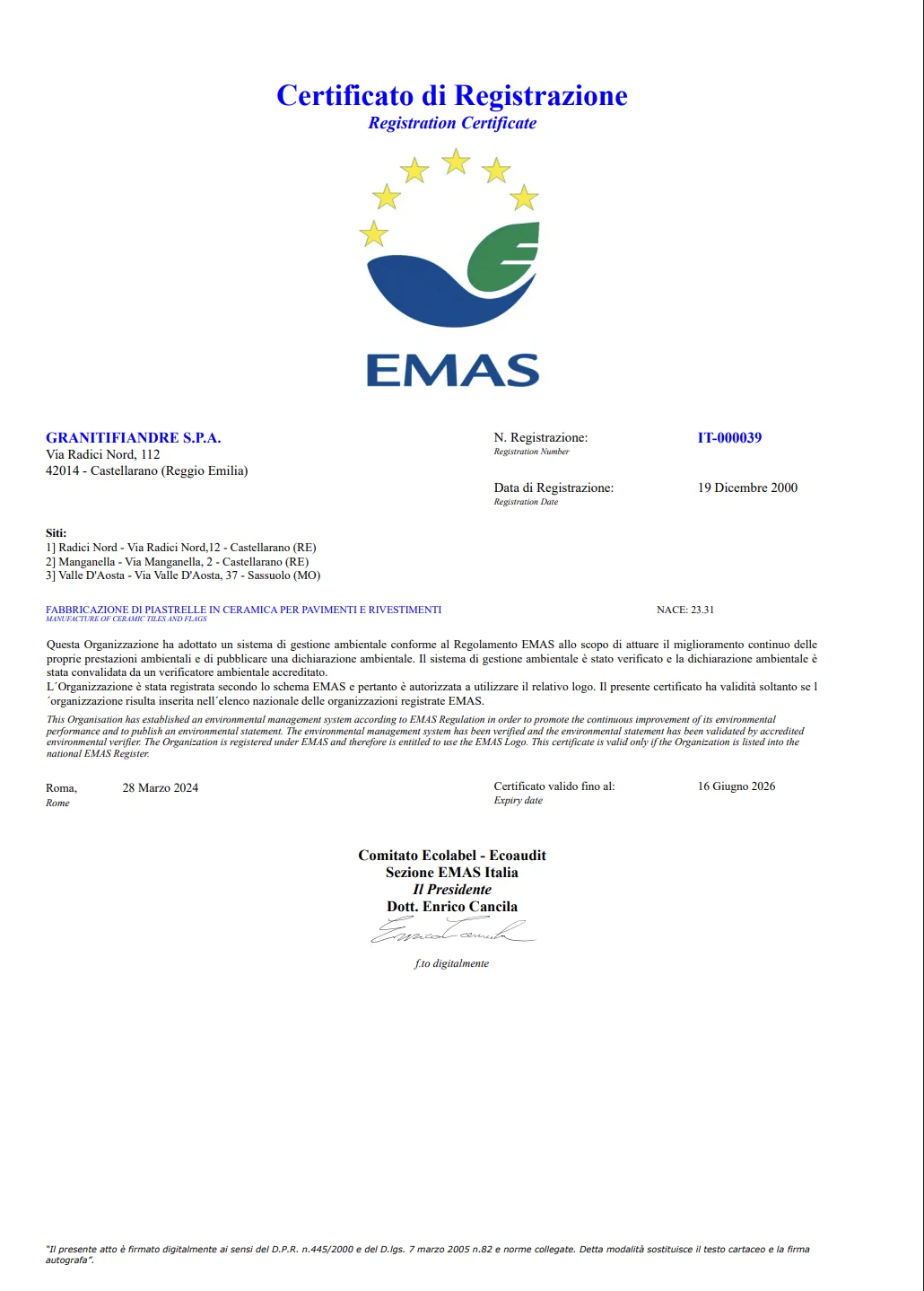 Регистрационный сертификат EMAS
